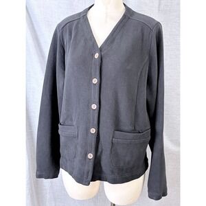 Tommy Bahama Womens Black Ribbed Knit Button Up V-Neck Cardigan Sweater Pockets